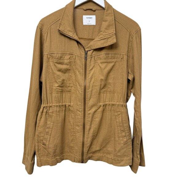 OLD NAVY Womens Utility Jacket Size Medium Brown Linen Blend Casual Zip Front - Picture 1 of 10